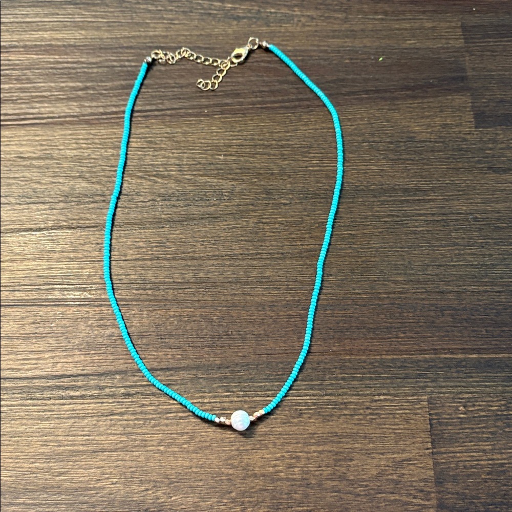 Aqua Beaded Necklace with Gold Chain